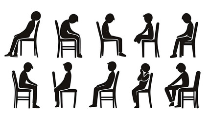 Silhouette illustrations of various sitting postures on chairs.