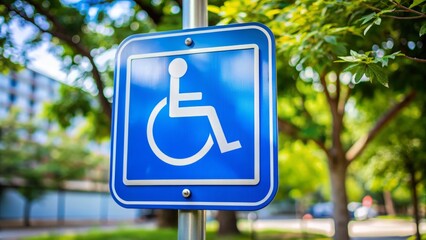 Accessible sign featuring a stylized blue wheelchair symbol on a white background, indicating handicapped or disability-friendly facilities and services.
