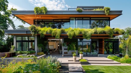 Modern, green home with large windows and lush landscaping. The exterior features wood and stone accents, and the house is surrounded by a vibrant garden.