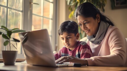 Obraz premium Indian Mother and Child Learning Together on a Computer at Home in a Bright Room