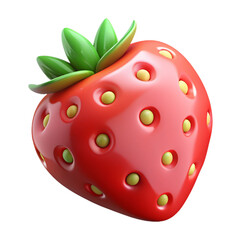 Obraz premium A glossy, red 3D strawberry with green leaves on top. The strawberry is stylized with a shiny surface and cartoon-like appearance, making it visually appealing and playful