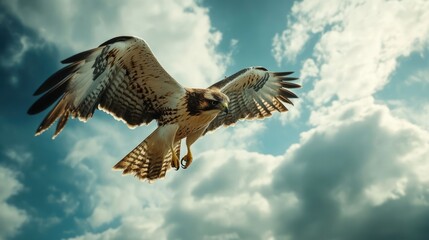 Obraz premium Hawk Soaring Through Cloudy Sky
