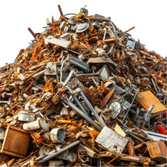 Metal heap at recycling junk close up isolated on transparent background