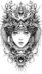 Tribal Beautiful womans face wearing dragon costume illustration