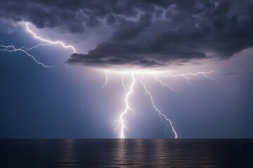 A bright lightning bolt over a calm sea with distant thunder clouds on the horizon, AI generated