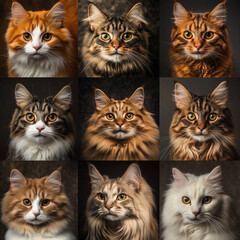 A collage of portrait photos of nine cats of different breeds. International Cat Day, National Cat Day