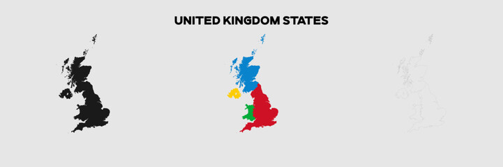 United Kingdom Countries Map Vector Pack. Map with States. Gray Map Silhouette. Gray Outline Map. Editable EPS file.