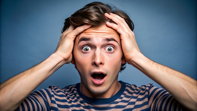 A comical expression of realization, a young adult's face lights up with a mix of surprise and embarrassment, palm to forehead in a "duh" moment.