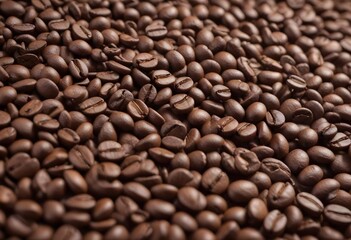 Obraz premium Close-up of scattered coffee beans column falling onto a perfectly arranged bed of roasted coffee beans, revealing textures and shapes