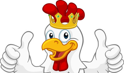 A chicken rooster cockerel bird cartoon character in a gold kings crown peeking over a sign and giving a double thumbs up © Christos Georghiou