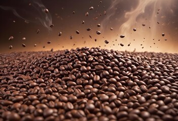 Close-up of scattered coffee beans column falling onto a perfectly arranged bed of roasted coffee beans, revealing textures and shapes