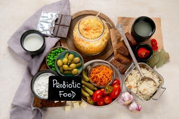 Probiotic food concept. Cabbage in jar, pickle, carrot on light wooden background