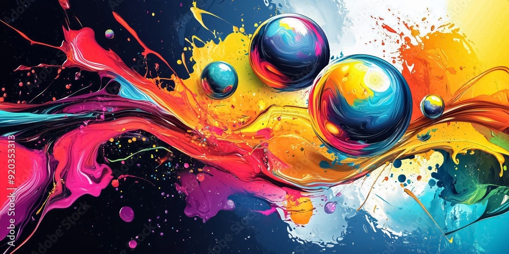 Wall mural abstract colorful background with spheres flowing on colorful paint, mixing and splashing, forming a