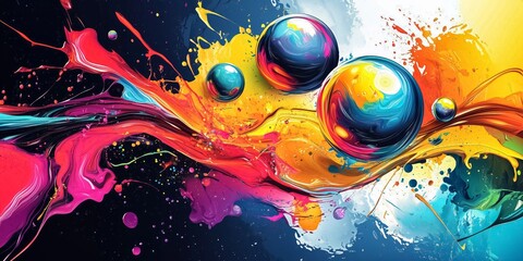 Abstract colorful background with spheres flowing on colorful paint, mixing and splashing, forming a beautiful abstract painting