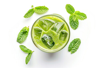 Obraz premium Top view of refreshing mojito cocktail with lime, ice, and mint leaves on a dark background with water droplets. Drinking glass of soda drink. Cold lemonade recipe