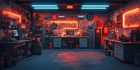 Dynamic Automotive Workshop with Neon Lights and Advanced Tools, generative ai
