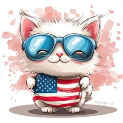 Fototapeta premium Cool Cat Wearing Sunglasses and American Flag