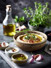 Thyme-marinated hummus presented in a rustic style emphasizes Mediterranean flavors with its earthy aroma and rich, creamy texture. 