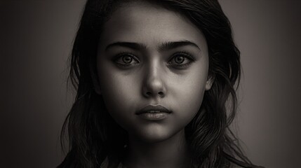 Fototapeta premium generative ai, Moody Black-and-White Portrait Photography, Young Girl with an Intense Gaze and Serious Expression