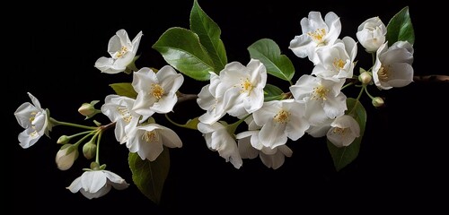 A branch of jasmine flowers isolated on a black background, in a high resolution photograph