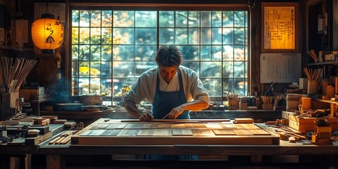 Traditional Japanese Woodworking Workshop with Craftsman Carving, generative ai