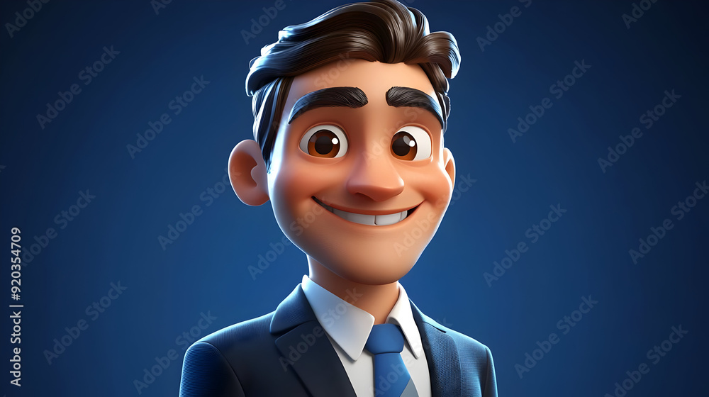 Sticker A cheerful animated character in a suit with a friendly smile against a dark background.