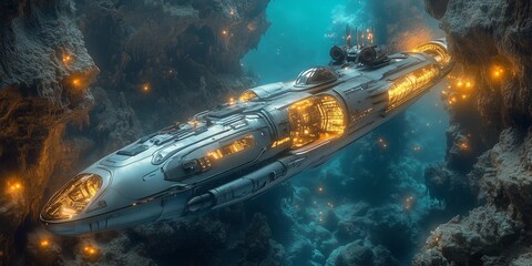 Obraz premium Futuristic Submarine Navigating Bioluminescent Underwater Caverns, generative ai