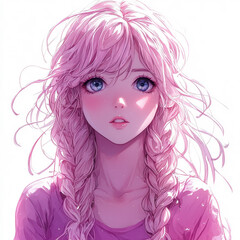 Obraz premium portrait of anime girl in close-up. Anime girl with beautiful pink hair is smiling happily. Bright colorful abstract background. girl smiles and laughs