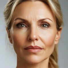 Obraz premium a 40 years old woman in a botox treatment, Close-up of a 40-year-old woman, beautiful, blue eyes, white background, Botox in her face
