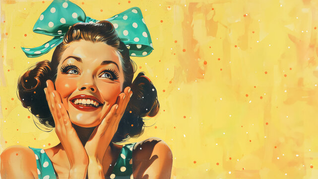 Naklejki Smiling pin-up girl in a green dress with polka dots on yellow background. Pop art illustration for advertising.