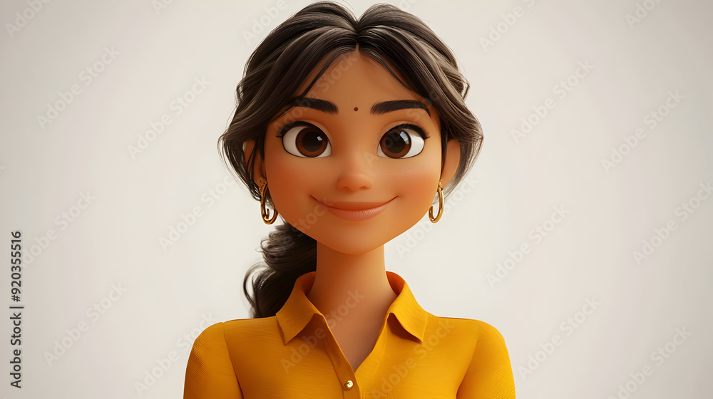 Poster A cheerful animated character with dark hair and a yellow shirt, smiling warmly.