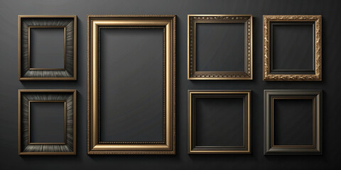 Fototapeta premium A collection of black ornate picture frames with intricate detailing, displayed on a dark black wall. Perfect for showcasing artwork or photography in a minimalist setting