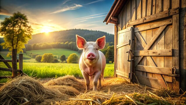 Adorable pig stands in front of a rustic wooden barn door, surrounded by lush greenery and hay, with a sunny countryside landscape in the background.