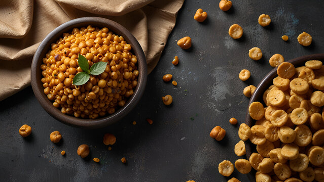 pile of roasted or fried bengal gram on a gray textured background, also known as chenna dal or pori or pottu kadalai,healthy indian crispy snack taken from above with copy space
