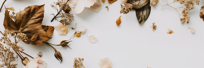 Rustic Autumn Flat Lay of Dried Leaves and Flowers on White Background
