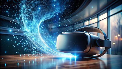 A futuristic virtual reality headset sits on a sleek desk amidst swirling particles, symbolizing immersive innovation and cutting-edge interactive technological advancements.