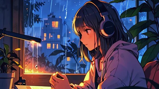 a lo-fi girl listening to music, chill vibe, mood