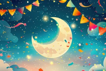 優しいタッチの水彩画で描かれた夜空の夢幻的な雰囲気（水彩画・夜空・星・三日月）