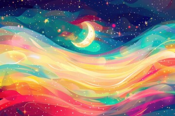 優しいタッチの水彩画で描かれた夜空の夢幻的な雰囲気（水彩画・夜空・星・三日月）