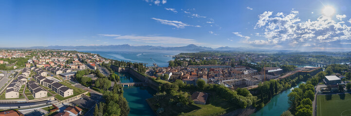 Aerial panorama on the lake. Aerial view of the town of Peschiera del Garda located on the shores of Lake Garda. Resorts on Lake Garda Italy. City on the water Italy. The largest lake in Italy.