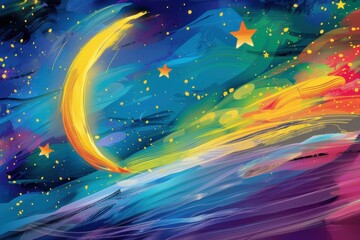 優しいタッチの水彩画で描かれた夜空の夢幻的な雰囲気（水彩画・夜空・星・三日月）