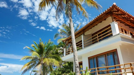 A luxury beachfront villa surrounded by palm trees against a blue sky, perfect for premium real estate and vacation property marketing
