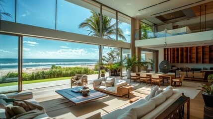 Fototapeta premium Luxury beachfront villa featuring stunning panoramic floor-to-ceiling windows with ocean views, perfect for promoting upscale real estate and high-end vacation rentals 