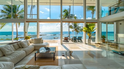 Modern beachfront villa featuring expansive floor-to-ceiling windows with breathtaking ocean views, ideal for luxury vacation rentals and upscale real estate promotions
