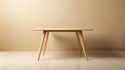 A minimalist, modern wooden table stands isolated on a light-colored background, devoid of any objects, awaiting decoration or serving as a clean slate for creativity.