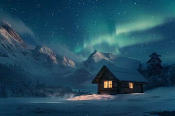 Fototapeta premium A cozy cabin in a snowy landscape glows with warmth under the northern lights and starlit sky, creating a magical winter scene that captivates the imagination and invites exploration