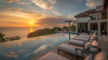 Fototapeta premium A luxurious villa with an infinity pool overlooking the ocean at sunset, perfect for high-end real estate marketing, tropical resorts, and vacation rental promotions 