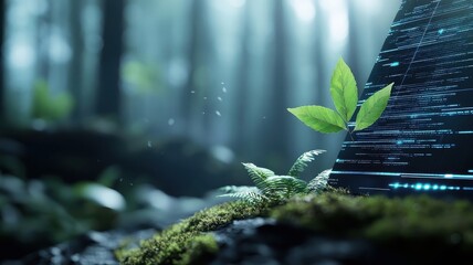 Surreal landscape with graph lines and data merging with natural elements.