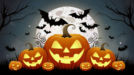 Free Photo halloween background with pumpkin and bats, generative Ai