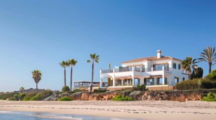 Obraz premium A luxurious seaside villa with a private beach and stunning panoramic ocean views, perfect for promoting real estate, beachfront properties, and vacation rentals 